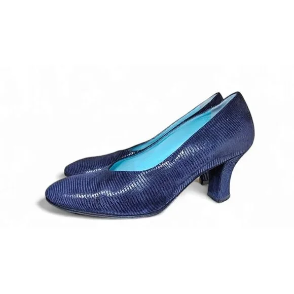 thierry rabotin navy blue ribbed leather pump 3" heel wide EU37 1/2 US7 - Picture 4 of 12